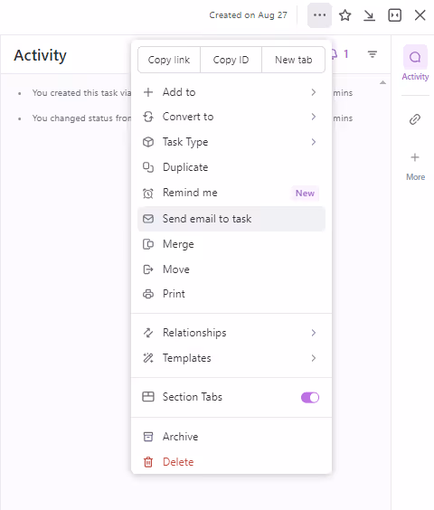 Add comments to a task from email